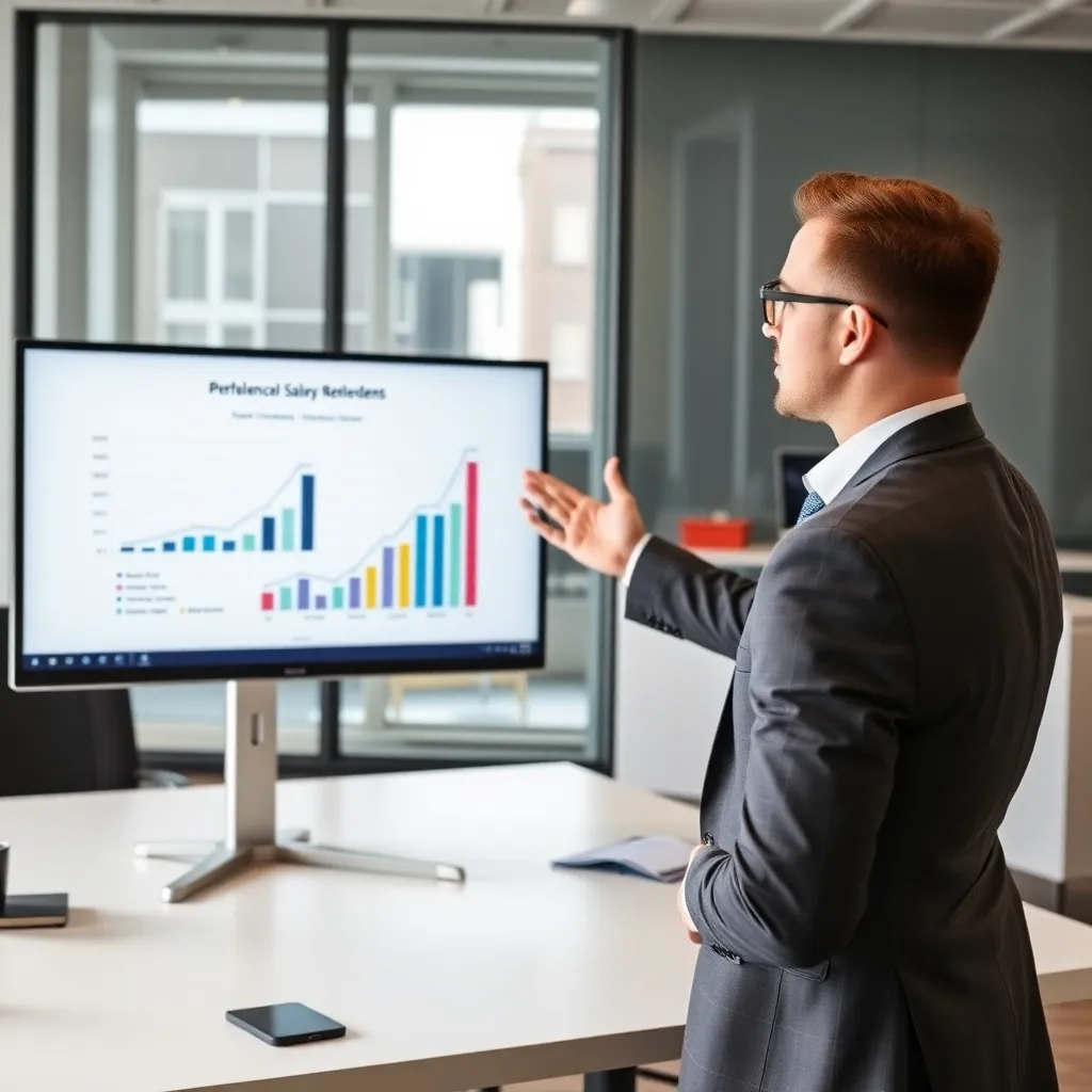 Professionele man die presentatie over prestaties geeft